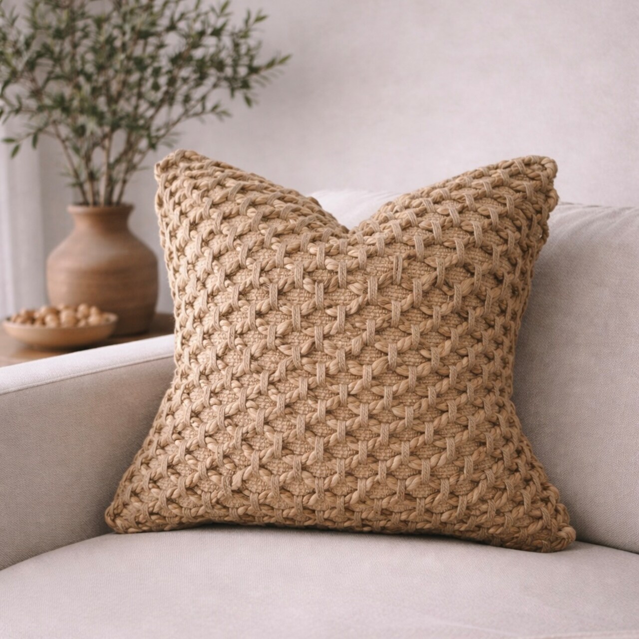 Braided Jute Boho Chic Pillow Cover 20" | Tan Woven Cotton Decorative Cushion | Rustic Farmhouse Neutral Throw Pillow